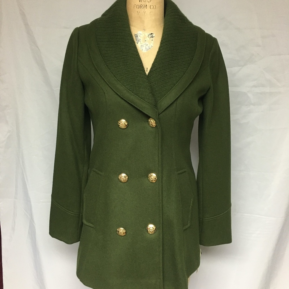 Guess Double Breasted Knit Collar Peacoat Coat S , M  Olive Green NWT $270